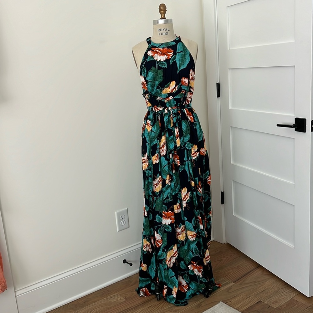 Aakaa Tropical Floral Maxi Dress in Dark Green with Teal and Orange Accents